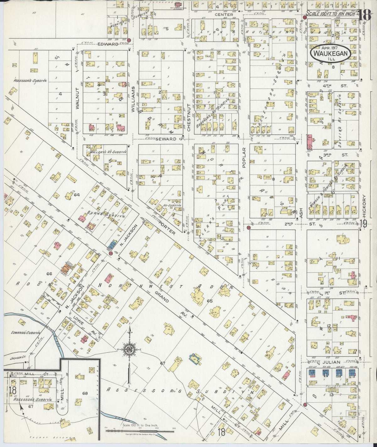 Sanborn Fire Insurance Map from Waukegan, Lake County, Illinois (1917), Sheet #0018 - Complete Map Set gallery image, historic Sanborn map, vintage wall art, Illinois Illinois