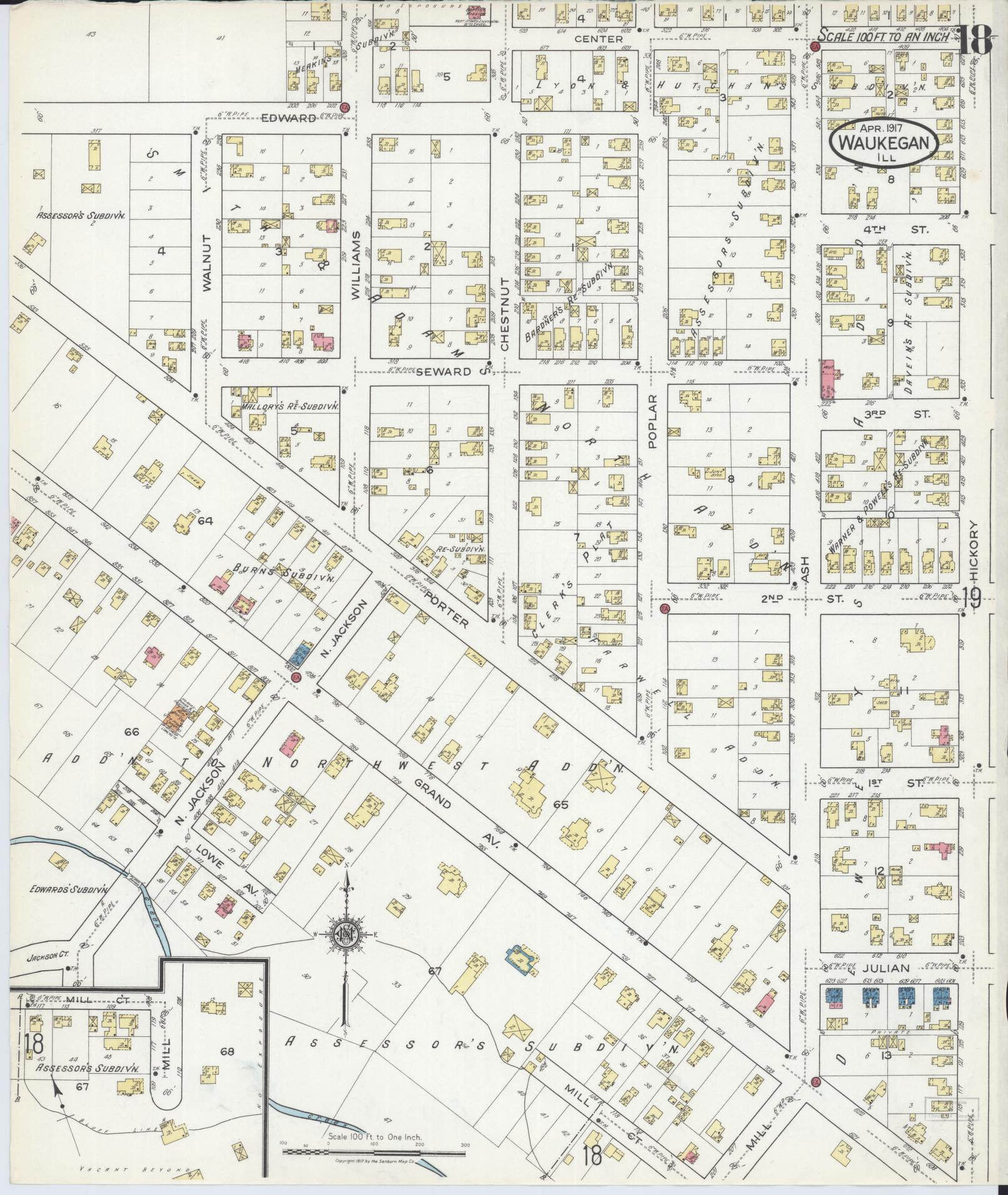 Sanborn Fire Insurance Map from Waukegan, Lake County, Illinois (1917), Sheet #0018 - Complete Map Set gallery image, historic Sanborn map, vintage wall art, Illinois Illinois