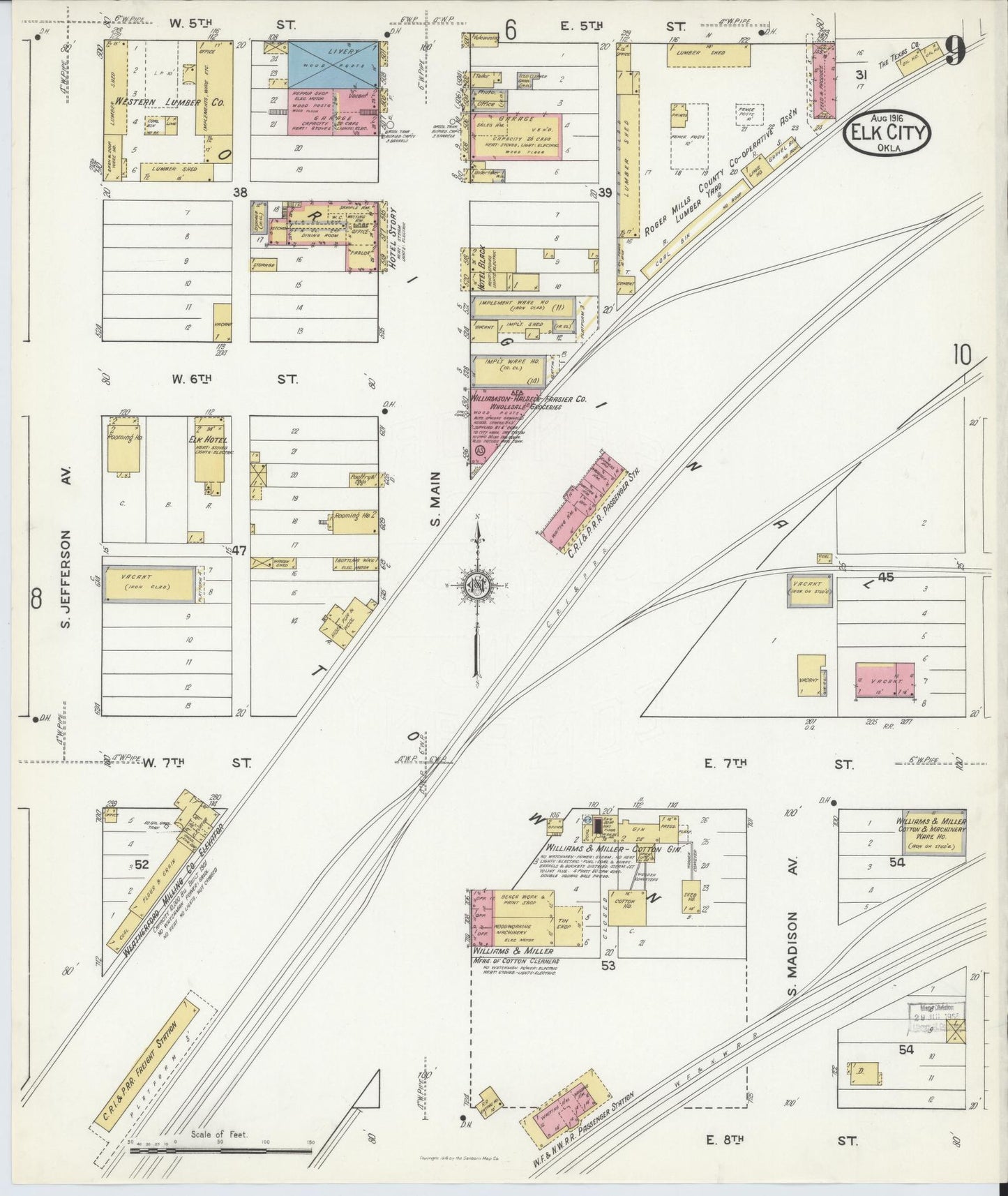 Sanborn Fire Insurance Map from Elk City, Beckham County, Oklahoma (1916), Sheet #0009 - Complete Map Set gallery image, historic Sanborn map, vintage wall art, Oklahoma Oklahoma
