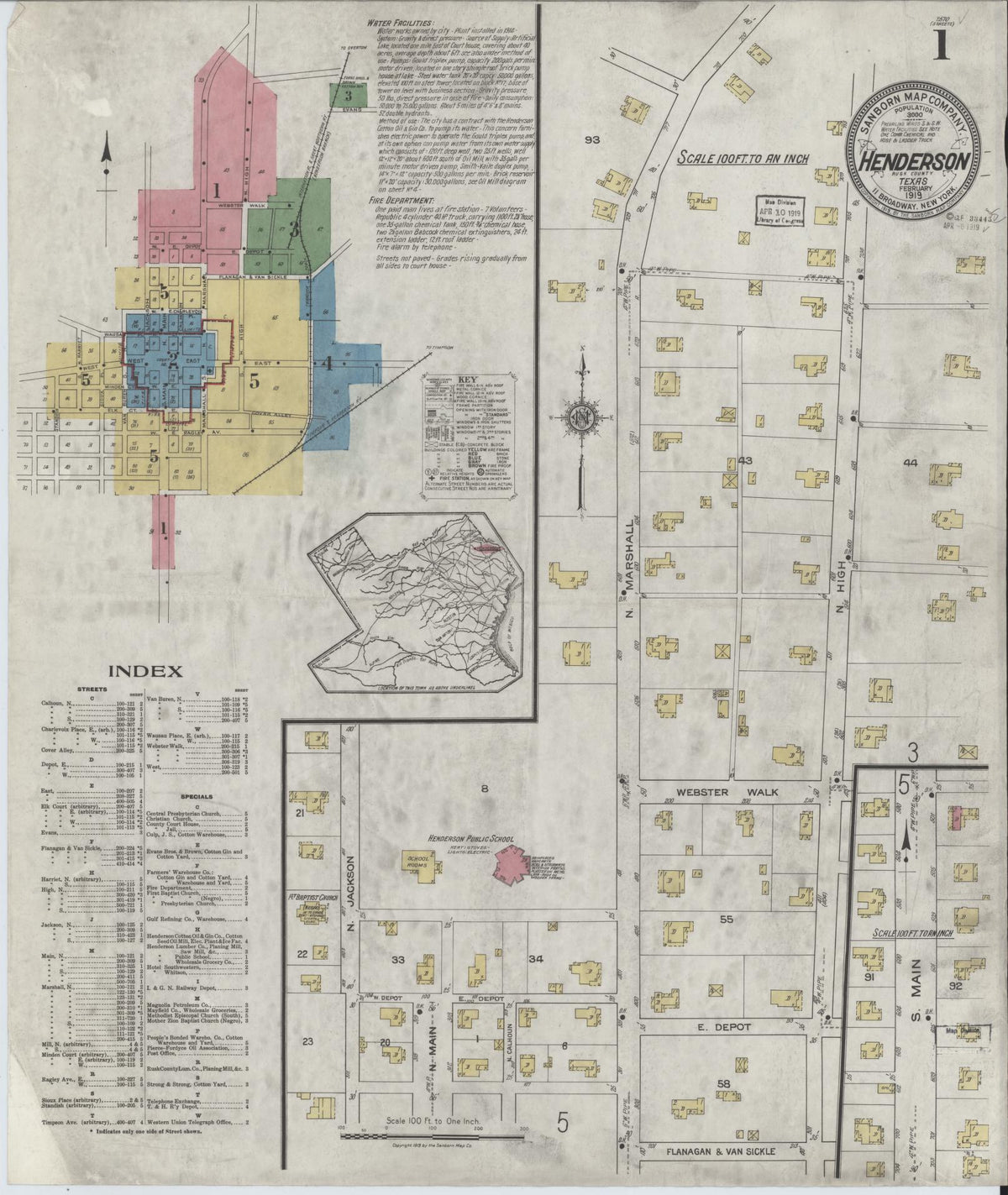 Sanborn Fire Insurance Map from Henderson, Rusk County, Texas (1919), Sheet #0001 - Historic Sanborn Fire Insurance Map Print, vintage old map wall art, antique decor, genealogy gift, Texas Texas map