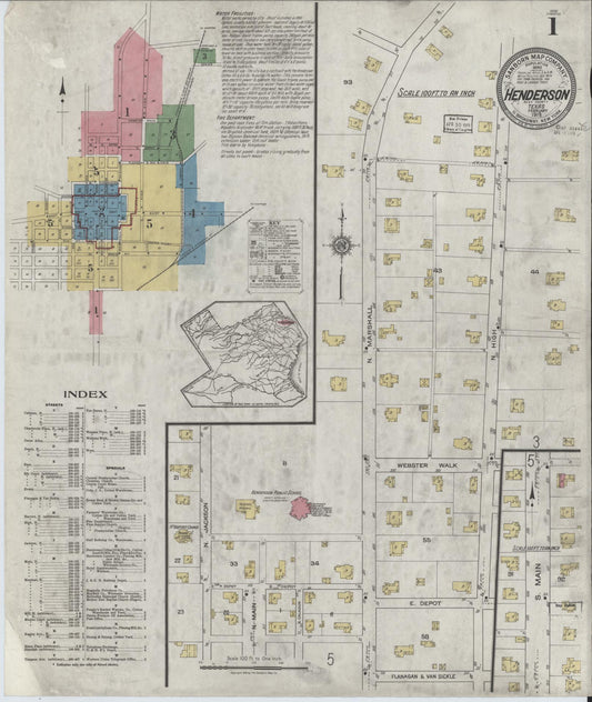 Sanborn Fire Insurance Map from Henderson, Rusk County, Texas (1919), Sheet #0001 - Historic Sanborn Fire Insurance Map Print, vintage old map wall art, antique decor, genealogy gift, Texas Texas map