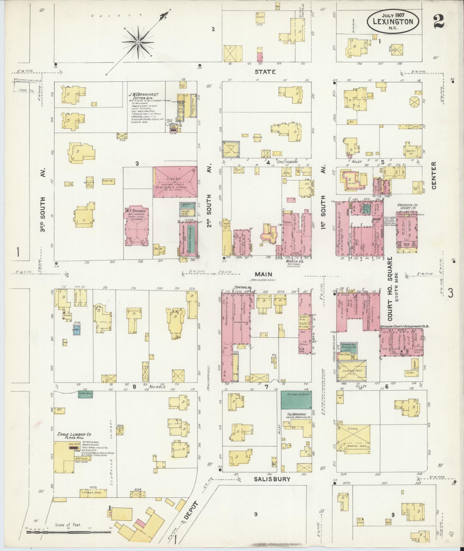 Sanborn Fire Insurance Map from Lexington, Davidson County, North Carolina (1907), Sheet #0002 - Complete Map Set gallery image, historic Sanborn map, vintage wall art, North Carolina North Carolina