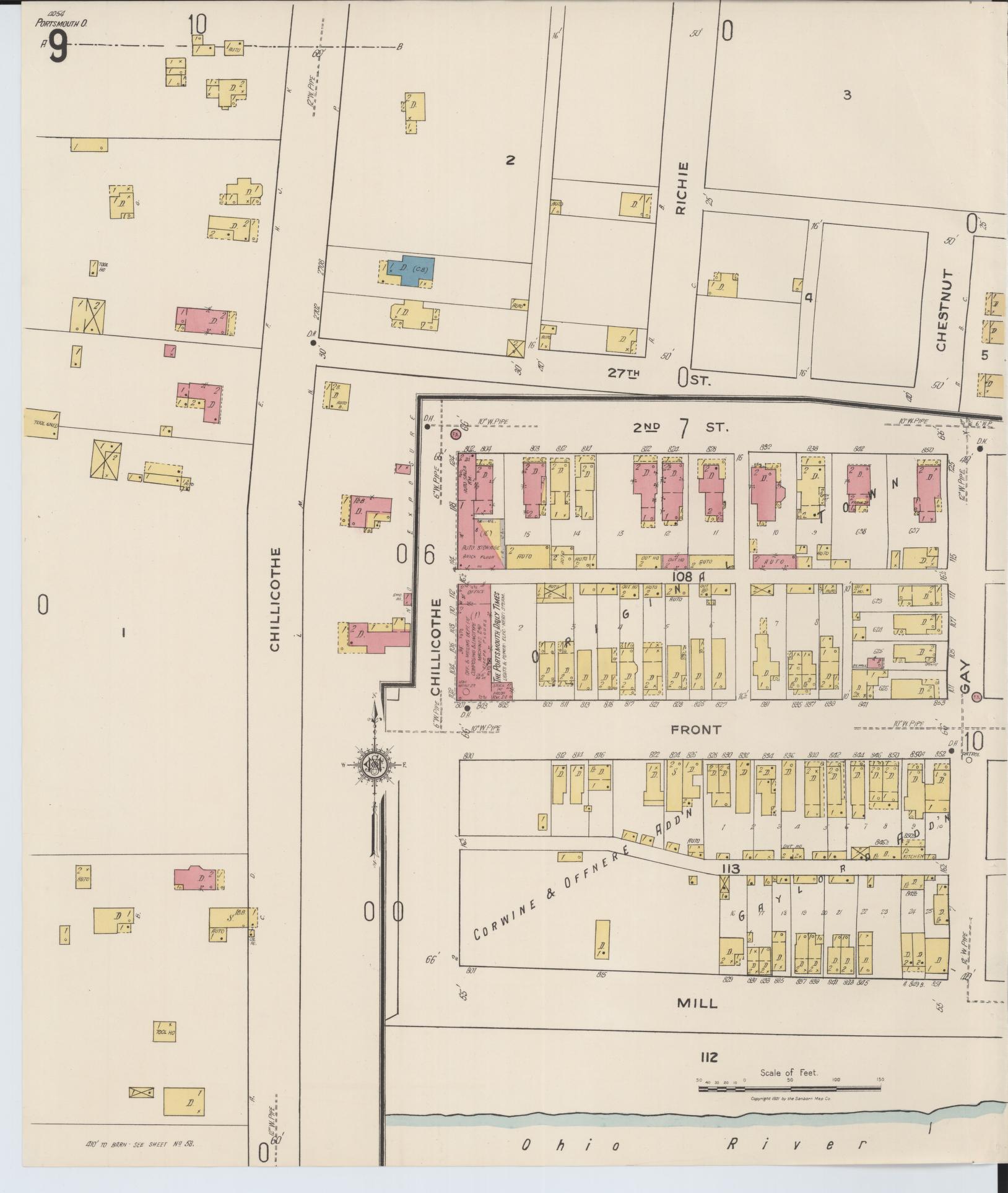 Sanborn Fire Insurance Map from Portsmouth, Scioto County, Ohio (1921), Sheet #0009 - Historic Sanborn Fire Insurance Map Print, vintage old map wall art, antique decor, genealogy gift, Ohio Ohio map