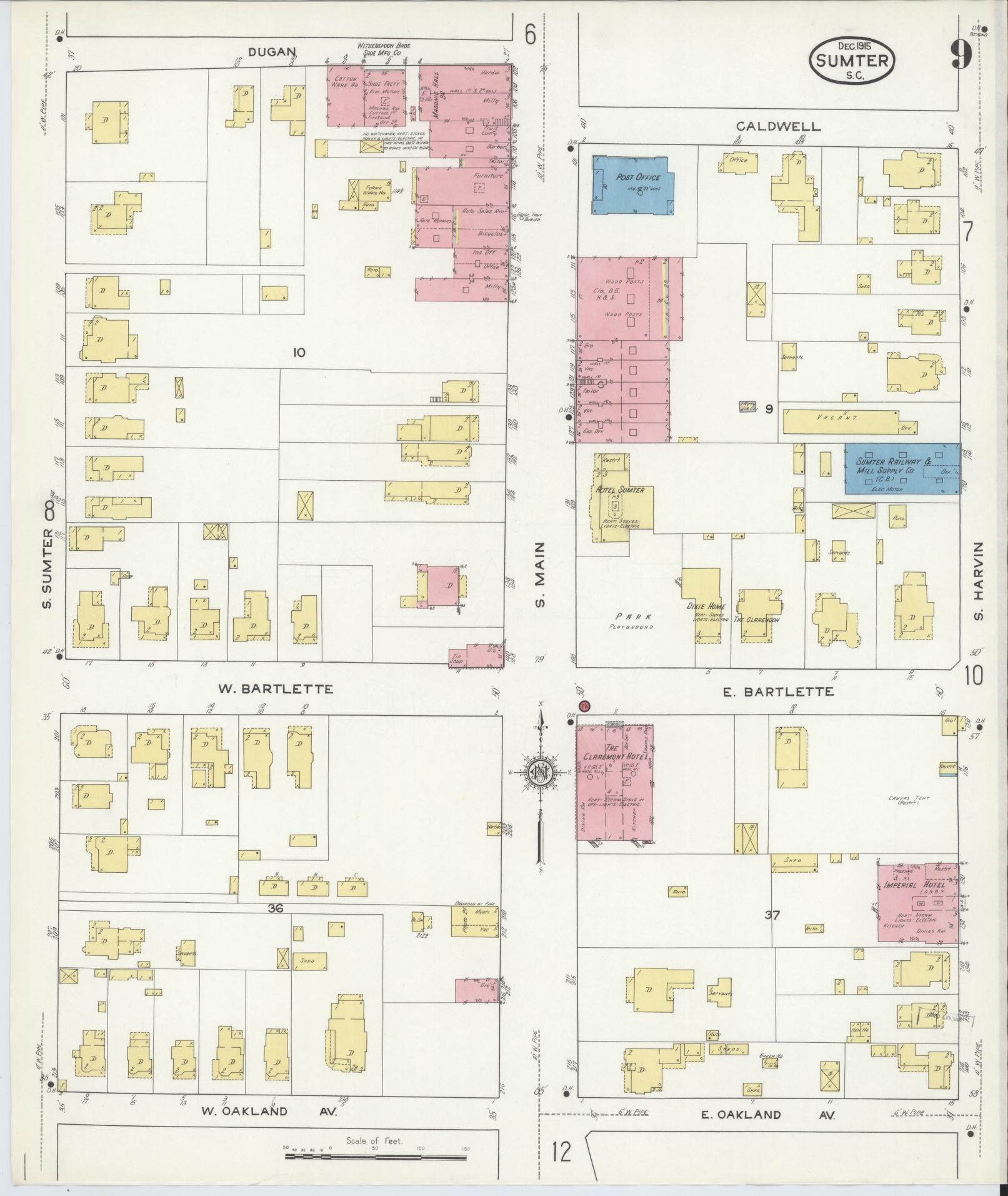 Sanborn Fire Insurance Map from Sumter, Sumter County, South Carolina (1915), Sheet #0009 - Historic Sanborn Fire Insurance Map Print, vintage old map wall art, antique decor, genealogy gift, South Carolina South Carolina map