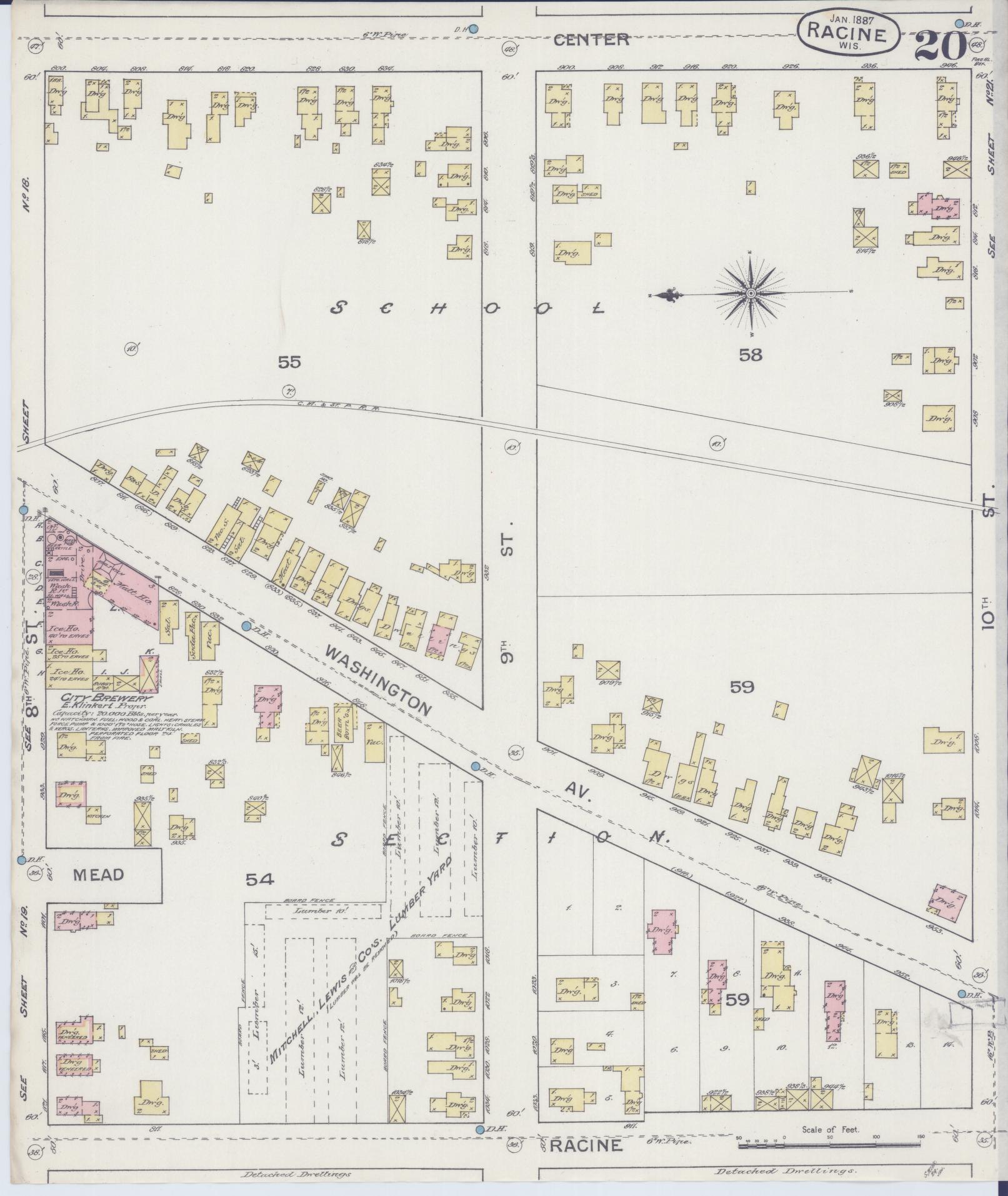 Sanborn Fire Insurance Map from Racine, Racine County, Wisconsin (1887), Sheet #0020 - Historic Sanborn Fire Insurance Map Print, vintage old map wall art, antique decor, genealogy gift, Wisconsin Wisconsin map