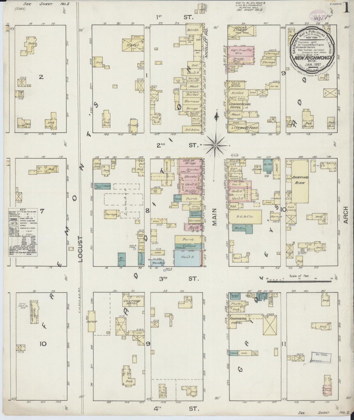 Sanborn Fire Insurance Map from New Richmond, St. Croix County, Wisconsin (1887), Sheet #0001 - Historic Sanborn Fire Insurance Map Print, vintage old map wall art, antique decor, genealogy gift, Wisconsin Wisconsin map