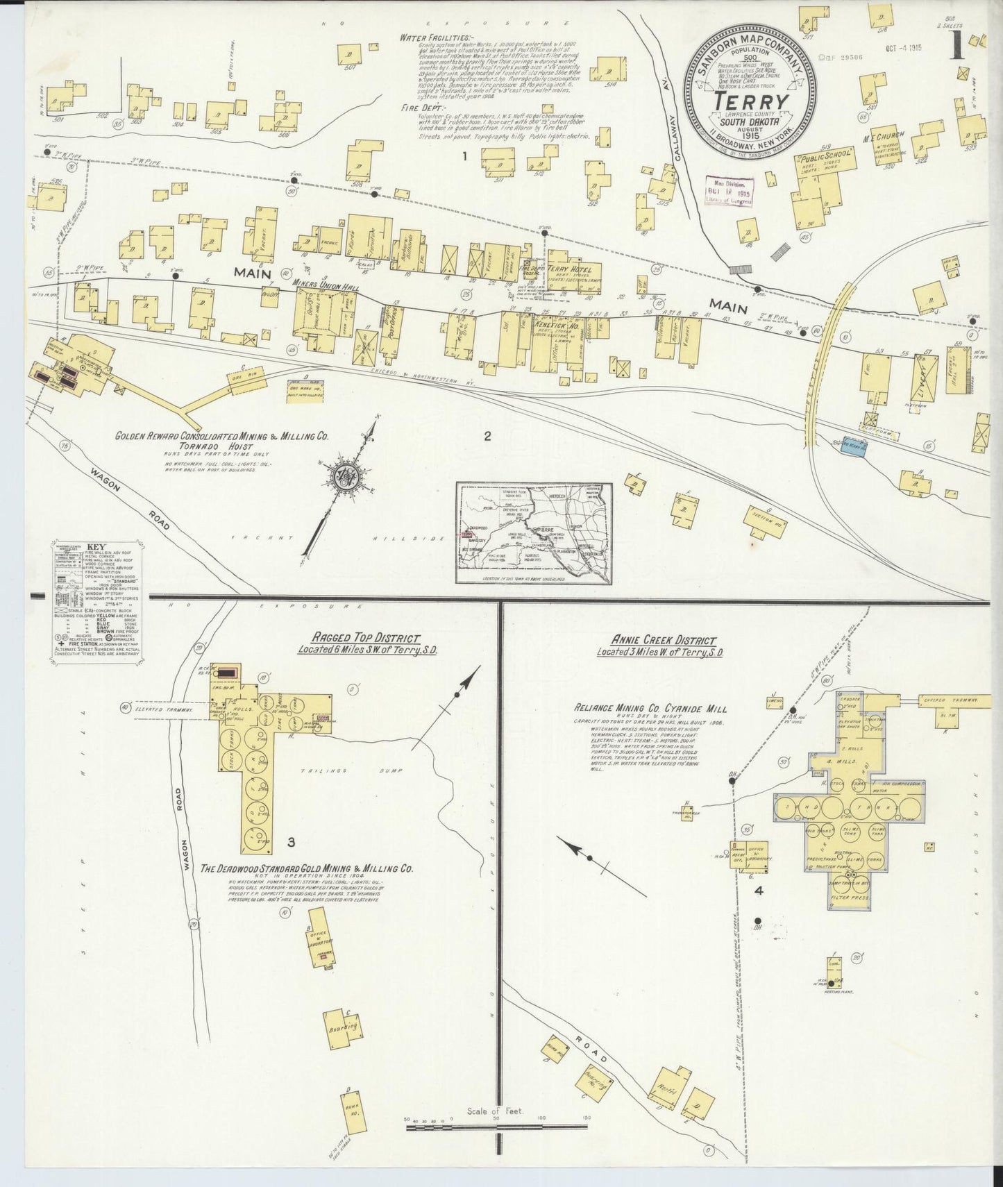 Sanborn Fire Insurance Map from Terry, Lawrence County, South Dakota (1915), Sheet #0001 - Historic Sanborn Fire Insurance Map Print, vintage old map wall art, antique decor, genealogy gift, South Dakota South Dakota map