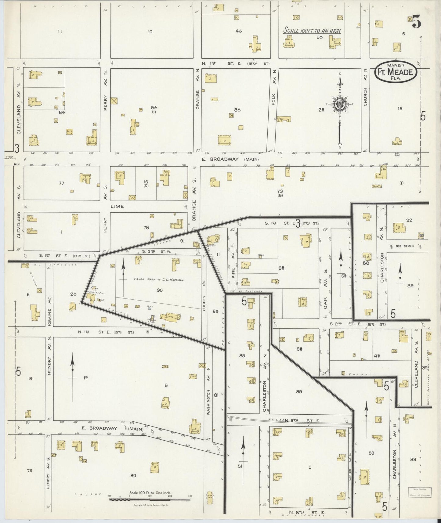 Sanborn Fire Insurance Map from Fort Meade, Polk County, Florida (1917), Sheet #0005 - Complete Map Set gallery image, historic Sanborn map, vintage wall art, Florida Florida
