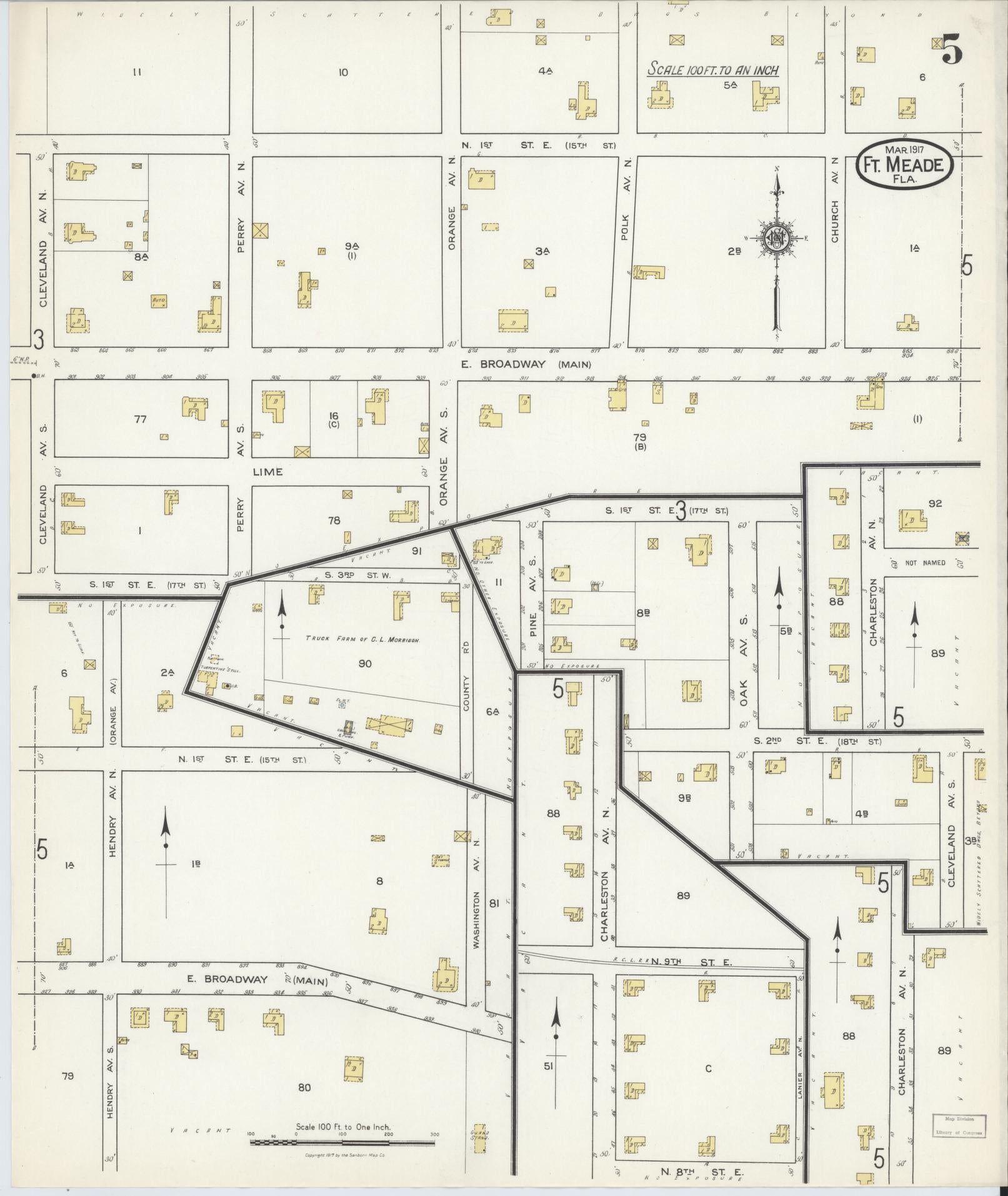 Sanborn Fire Insurance Map from Fort Meade, Polk County, Florida (1917), Sheet #0005 - Complete Map Set gallery image, historic Sanborn map, vintage wall art, Florida Florida