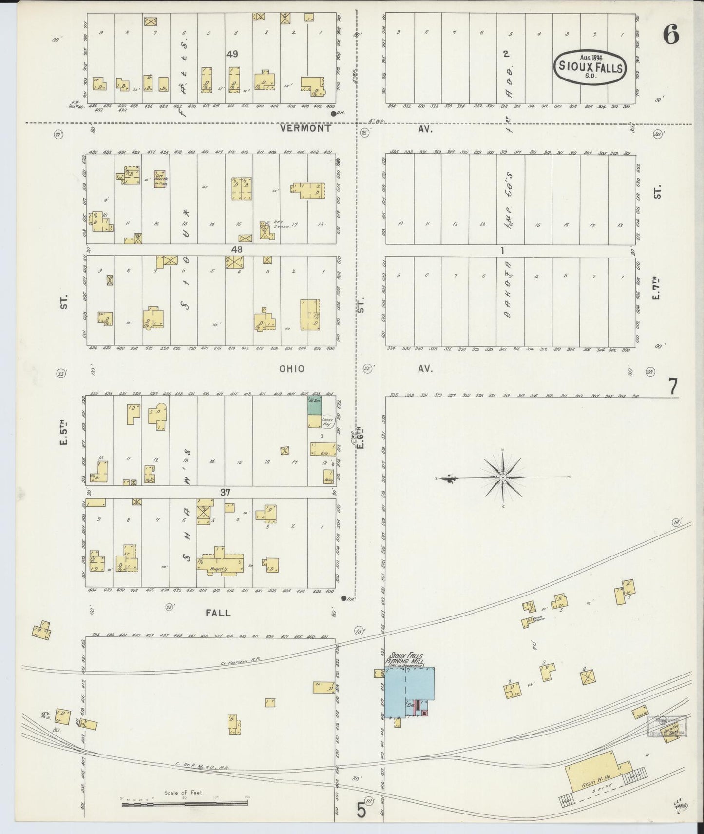 Sanborn Fire Insurance Map from Sioux Falls, Minnehaha County, South Dakota (1896), Sheet #0006 - Historic Sanborn Fire Insurance Map Print, vintage old map wall art, antique decor, genealogy gift, South Dakota South Dakota map