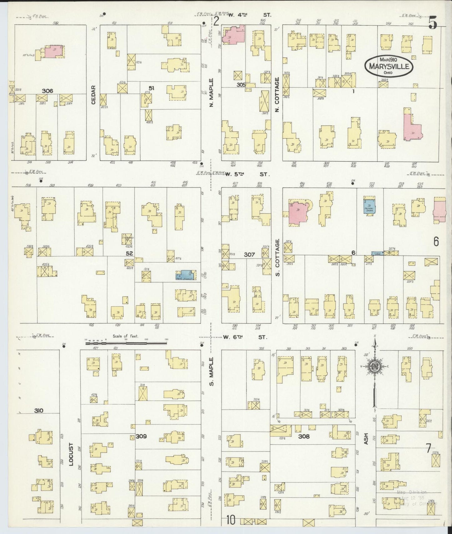 Sanborn Fire Insurance Map from Marysville, Union County, Ohio (1910), Sheet #0005 - Historic Sanborn Fire Insurance Map Print, vintage old map wall art, antique decor, genealogy gift, Ohio Ohio map