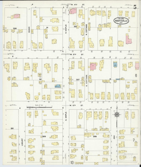 Sanborn Fire Insurance Map from Marysville, Union County, Ohio (1910), Sheet #0005 - Historic Sanborn Fire Insurance Map Print, vintage old map wall art, antique decor, genealogy gift, Ohio Ohio map