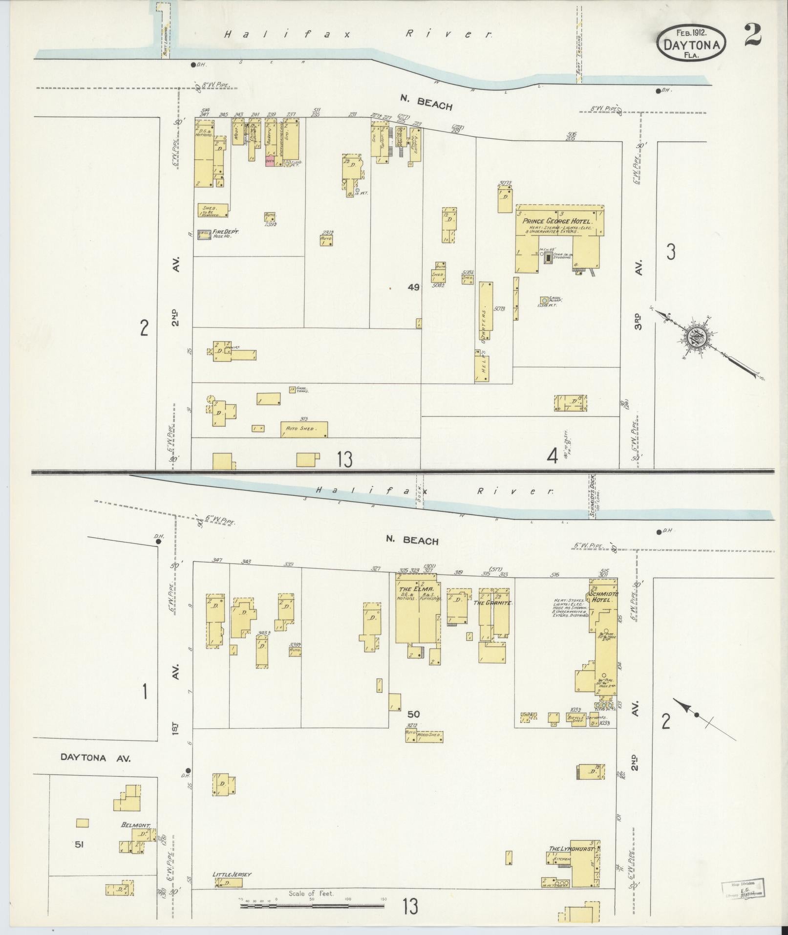 Sanborn Fire Insurance Map from Daytona, Volusia County, Florida (1912), Sheet #0002 - Complete Map Set gallery image, historic Sanborn map, vintage wall art, Florida Florida