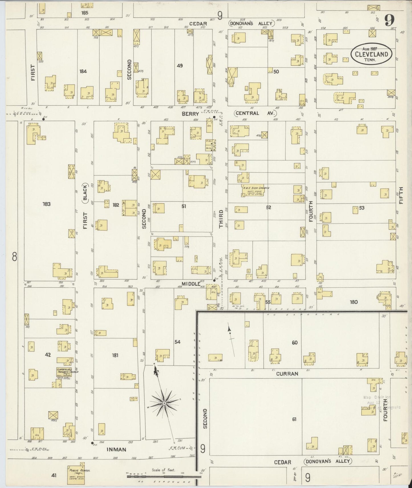 Sanborn Fire Insurance Map from Cleveland, Bradley County, Tennessee (1907), Sheet #0009 - Complete Map Set gallery image, historic Sanborn map, vintage wall art, Tennessee Tennessee