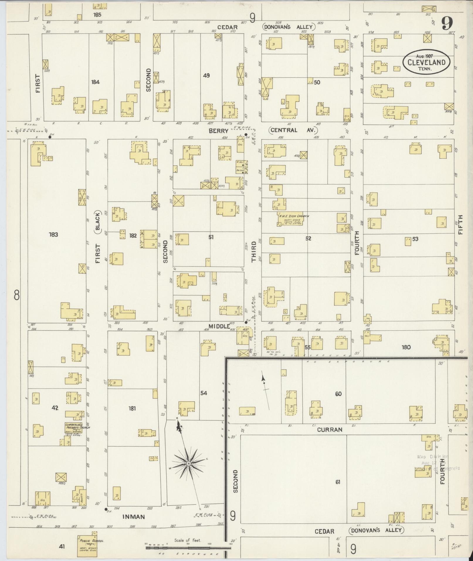 Sanborn Fire Insurance Map from Cleveland, Bradley County, Tennessee (1907), Sheet #0009 - Complete Map Set gallery image, historic Sanborn map, vintage wall art, Tennessee Tennessee