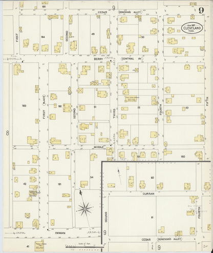 Sanborn Fire Insurance Map from Cleveland, Bradley County, Tennessee (1907), Sheet #0009 - Complete Map Set gallery image, historic Sanborn map, vintage wall art, Tennessee Tennessee
