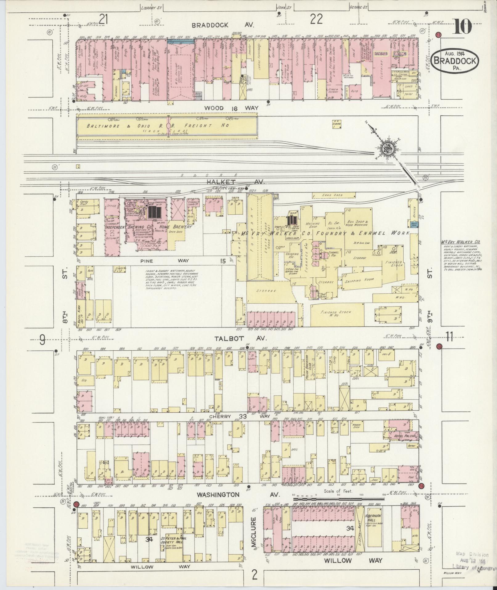 Sanborn Fire Insurance Map from Braddock, Allegheny County, Pennsylvania (1914), Sheet #0010 - Historic Sanborn Fire Insurance Map Print, vintage old map wall art, antique decor, genealogy gift, Pennsylvania Pennsylvania map
