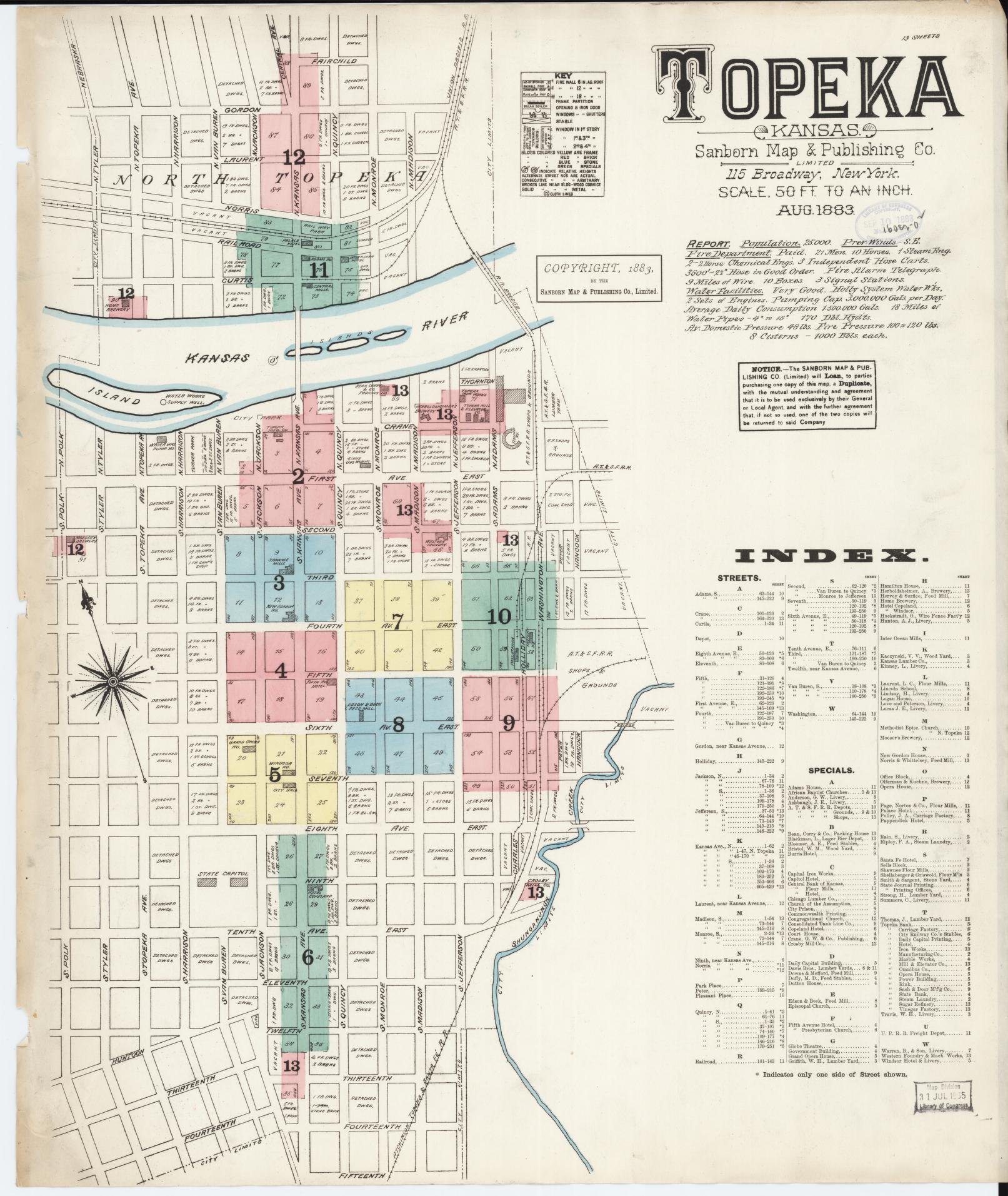 Sanborn Fire Insurance Map from Topeka, Shawnee County, Kansas (1883), Sheet #0001 - Historic Sanborn Fire Insurance Map Print, vintage old map wall art, antique decor, genealogy gift, Kansas Kansas map