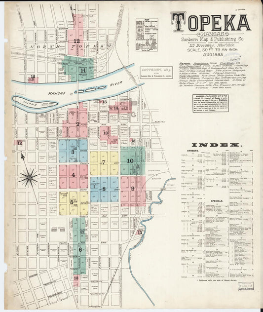Sanborn Fire Insurance Map from Topeka, Shawnee County, Kansas (1883), Sheet #0001 - Historic Sanborn Fire Insurance Map Print, vintage old map wall art, antique decor, genealogy gift, Kansas Kansas map