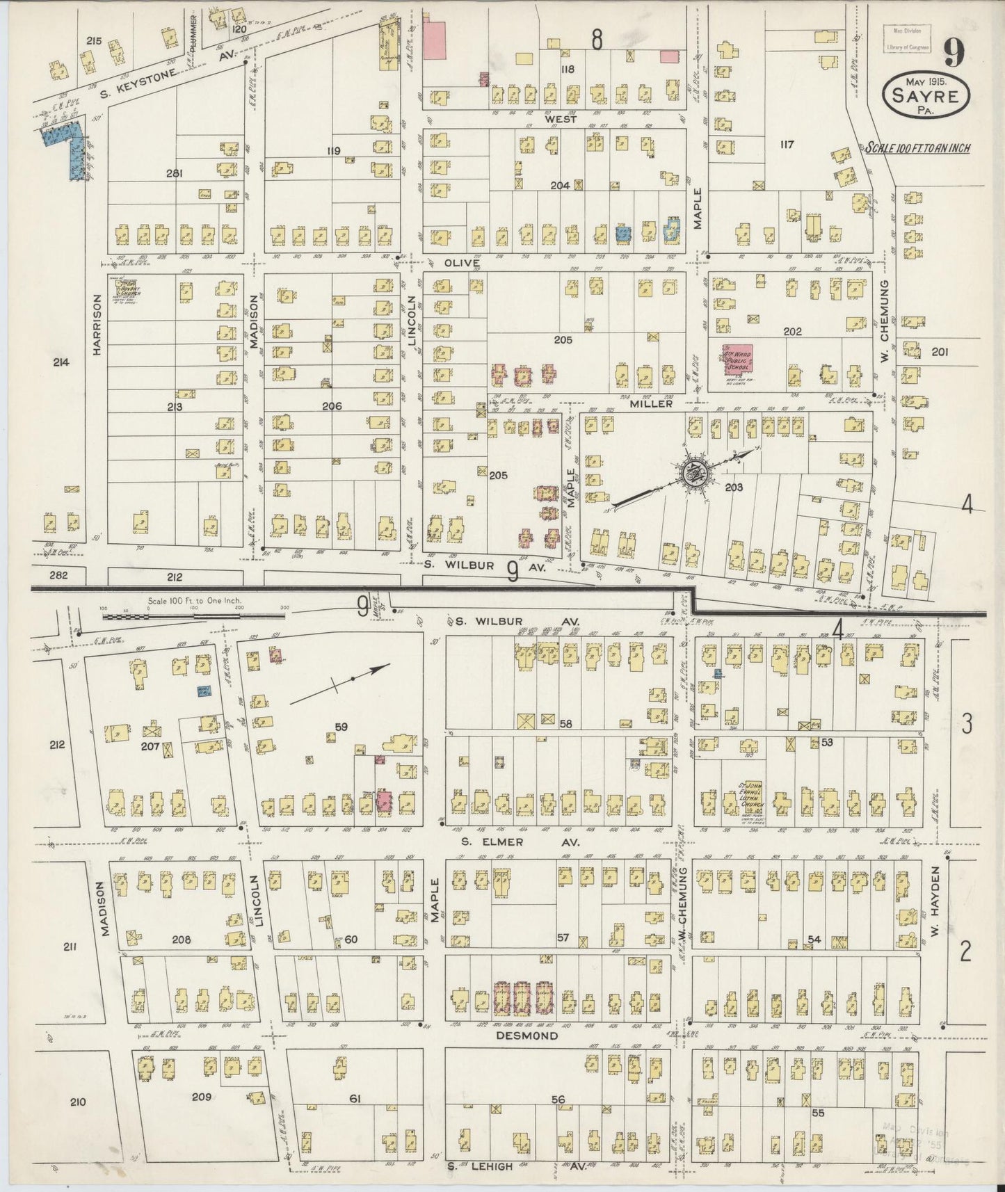 Sanborn Fire Insurance Map from Sayre, Bradford County, Pennsylvania (1915), Sheet #0009 - Complete Map Set gallery image, historic Sanborn map, vintage wall art, Pennsylvania Pennsylvania