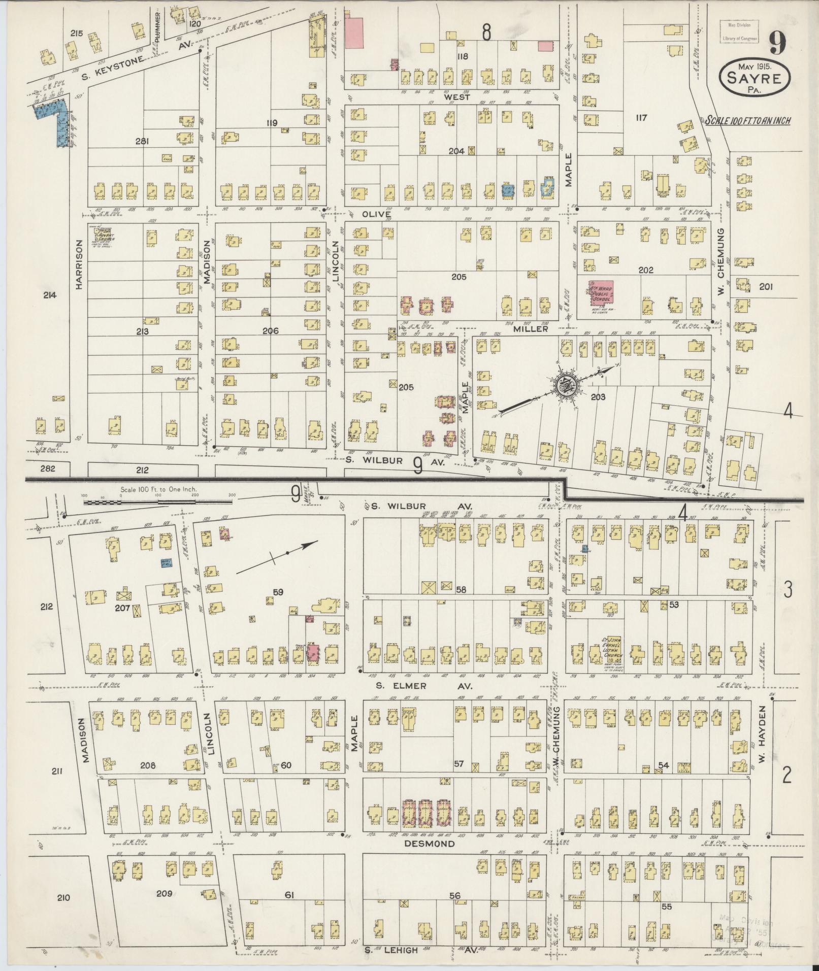 Sanborn Fire Insurance Map from Sayre, Bradford County, Pennsylvania (1915), Sheet #0009 - Complete Map Set gallery image, historic Sanborn map, vintage wall art, Pennsylvania Pennsylvania