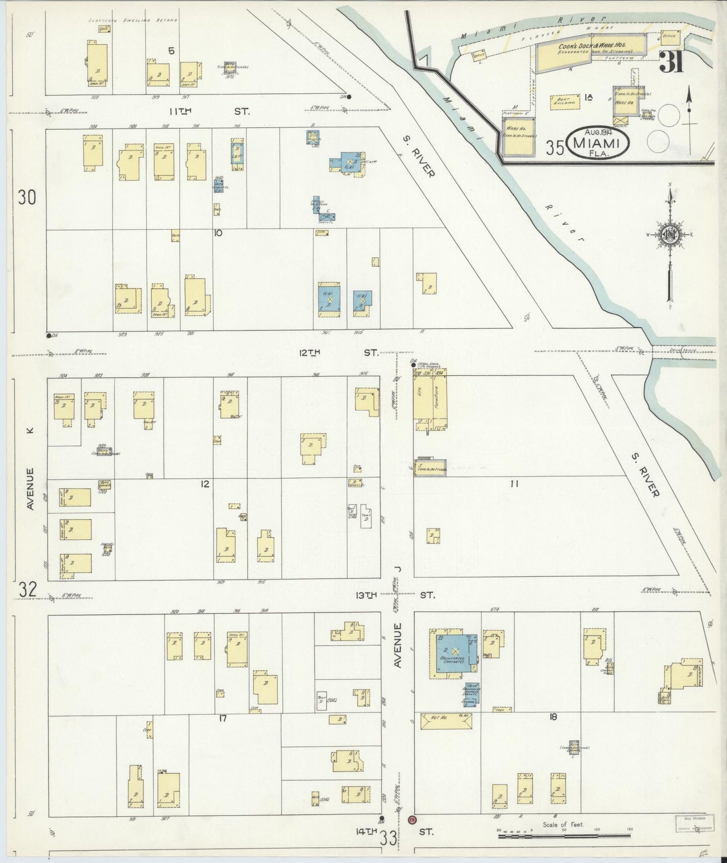 Sanborn Fire Insurance Map from Miami, Dade County, Florida (1914), Sheet #0031 - Complete Map Set gallery image, historic Sanborn map, vintage wall art, Florida Florida