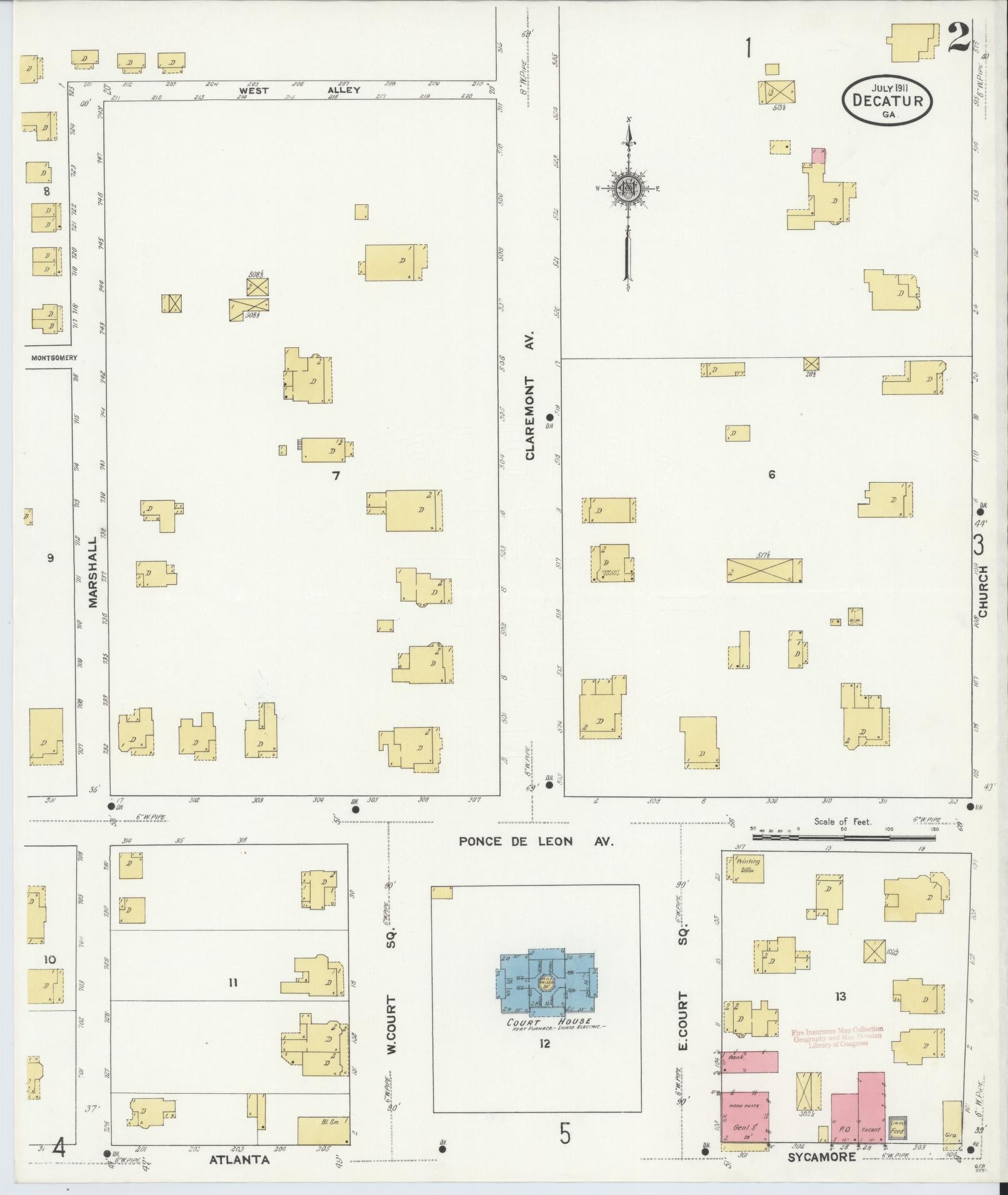Sanborn Fire Insurance Map from Decatur, De Kalb County, Georgia (1911), Sheet #0002 - Historic Sanborn Fire Insurance Map Print, vintage old map wall art, antique decor, genealogy gift, Georgia Georgia map
