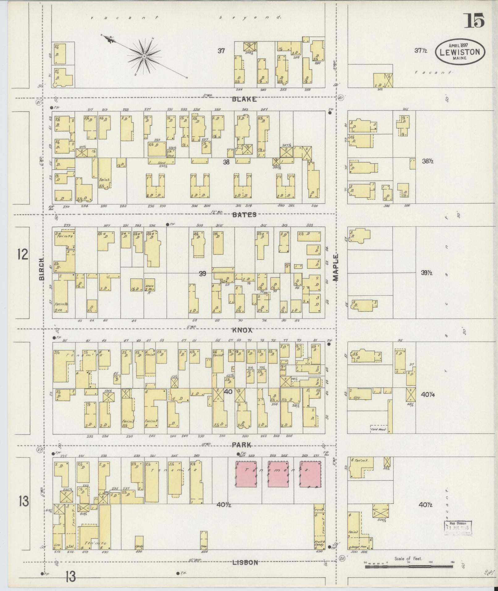 Sanborn Fire Insurance Map from Lewiston, Androscoggin County, Maine (1897), Sheet #0015 - Complete Map Set gallery image, historic Sanborn map, vintage wall art, Maine Maine