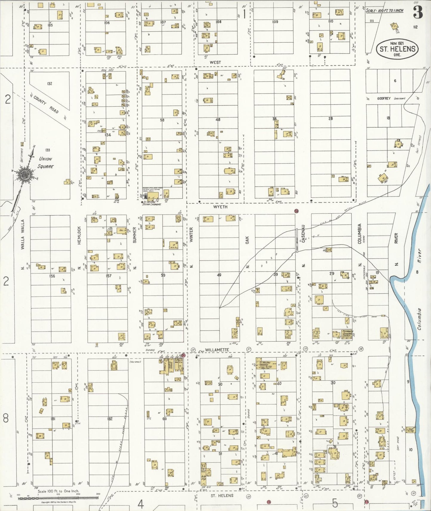 Sanborn Fire Insurance Map from Saint Helens, Columbia County, Oregon (1921), Sheet #0003 - Historic Sanborn Fire Insurance Map Print, vintage old map wall art, antique decor, genealogy gift, Oregon Oregon map