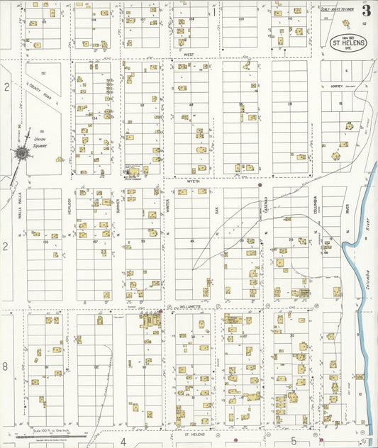 Sanborn Fire Insurance Map from Saint Helens, Columbia County, Oregon (1921), Sheet #0003 - Historic Sanborn Fire Insurance Map Print, vintage old map wall art, antique decor, genealogy gift, Oregon Oregon map