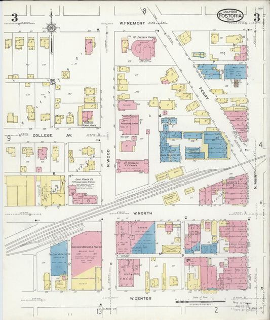 Sanborn Fire Insurance Map from Fostoria, Seneca, Hancock, And Wood Counties, Ohio (1924), Sheet #0003 - Historic Sanborn Fire Insurance Map Print, vintage old map wall art, antique decor, genealogy gift, Ohio Ohio map