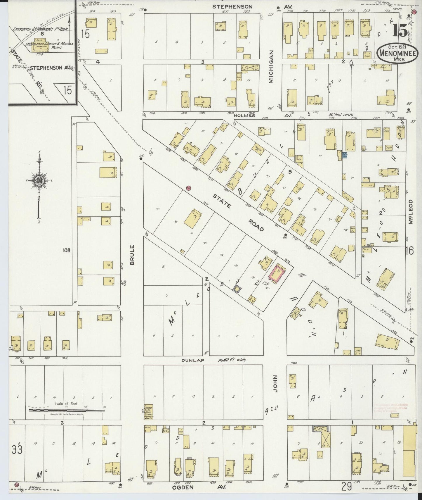 Sanborn Fire Insurance Map from Menominee, Menominee County, Michigan (1921), Sheet #0015 - Historic Sanborn Fire Insurance Map Print, vintage old map wall art, antique decor, genealogy gift, Michigan Michigan map