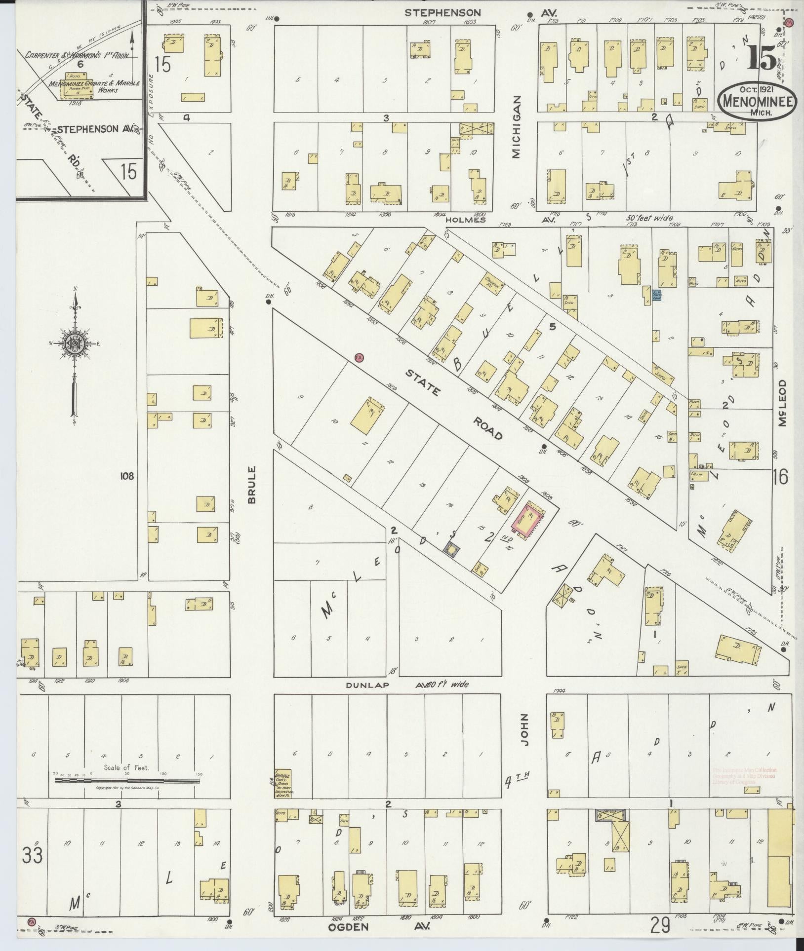 Sanborn Fire Insurance Map from Menominee, Menominee County, Michigan (1921), Sheet #0015 - Historic Sanborn Fire Insurance Map Print, vintage old map wall art, antique decor, genealogy gift, Michigan Michigan map
