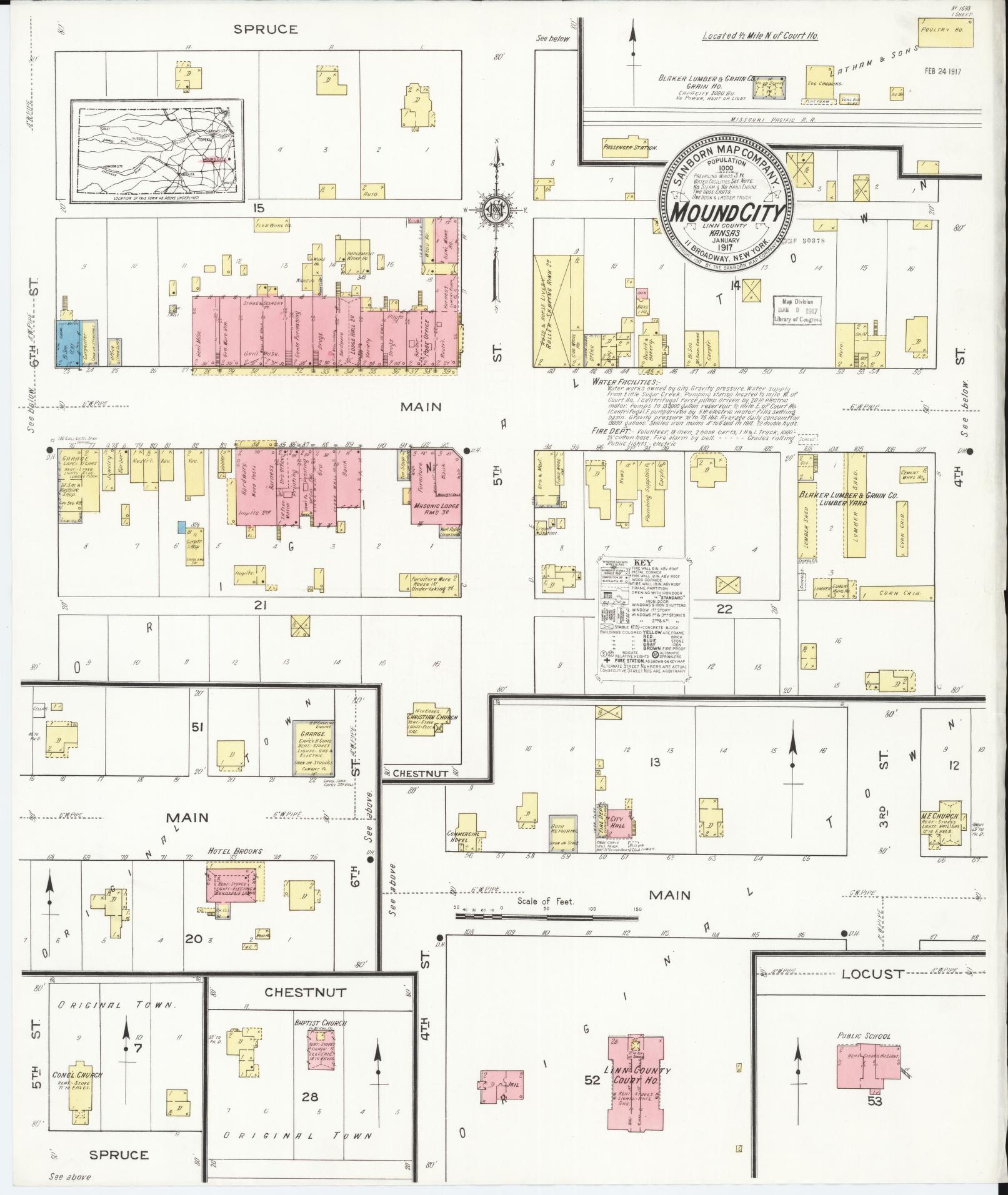 Sanborn Fire Insurance Map from Mound City, Linn County, Kansas (1917), Sheet #0001 - Historic Sanborn Fire Insurance Map Print, vintage old map wall art, antique decor, genealogy gift, Kansas Kansas map