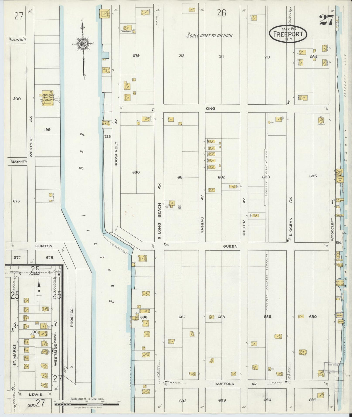 Sanborn Fire Insurance Map from Freeport, Nassau County, New York (1917), Sheet #0027 - Historic Sanborn Fire Insurance Map Print, vintage old map wall art, antique decor, genealogy gift, New York New York map