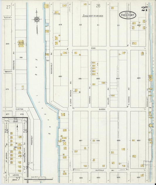 Sanborn Fire Insurance Map from Freeport, Nassau County, New York (1917), Sheet #0027 - Historic Sanborn Fire Insurance Map Print, vintage old map wall art, antique decor, genealogy gift, New York New York map