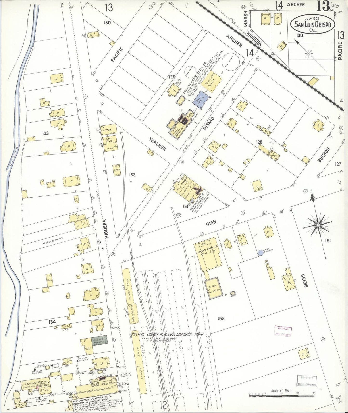 Sanborn Fire Insurance Map from San Luis Obispo, San Luis Obispo County, California (1909), Sheet #0013 - Complete Map Set gallery image, historic Sanborn map, vintage wall art, California California
