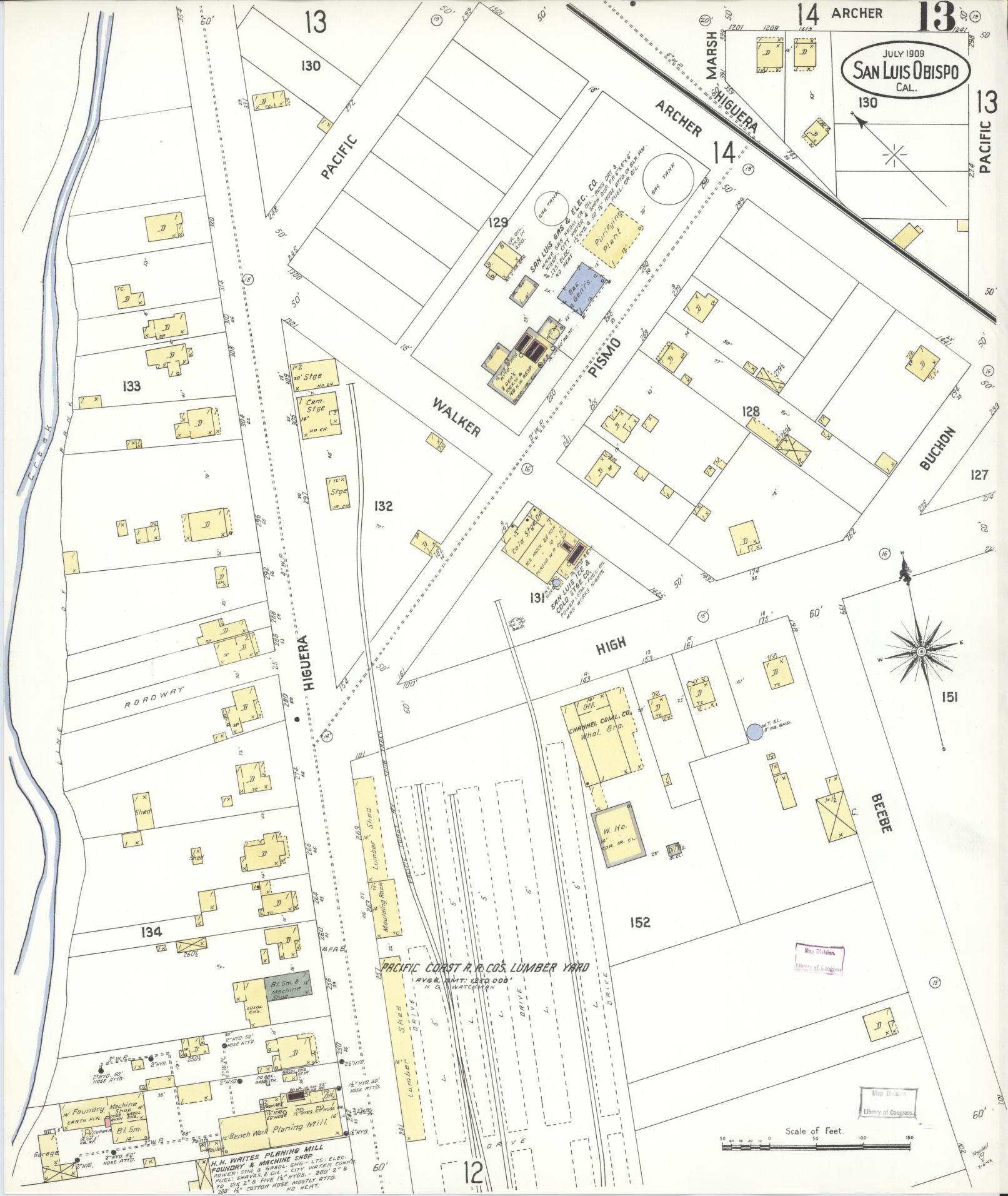 Sanborn Fire Insurance Map from San Luis Obispo, San Luis Obispo County, California (1909), Sheet #0013 - Complete Map Set gallery image, historic Sanborn map, vintage wall art, California California