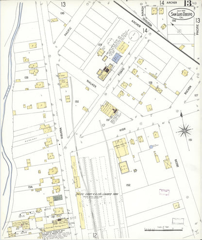 Sanborn Fire Insurance Map from San Luis Obispo, San Luis Obispo County, California (1909), Sheet #0013 - Complete Map Set gallery image, historic Sanborn map, vintage wall art, California California