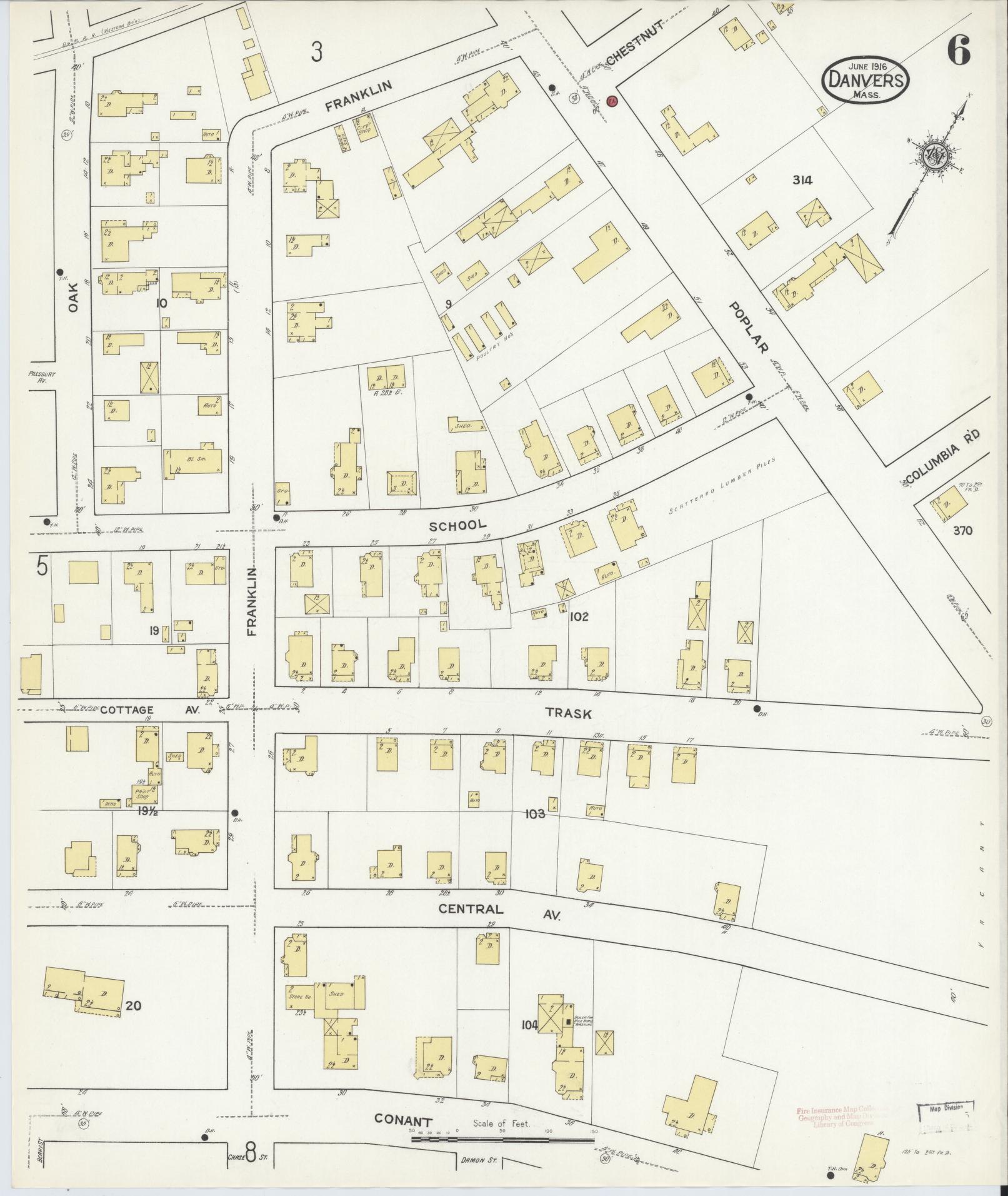 Sanborn Fire Insurance Map from Danvers, Essex County, Massachusetts (1916), Sheet #0006 - Complete Map Set gallery image, historic Sanborn map, vintage wall art, Massachusetts Massachusetts