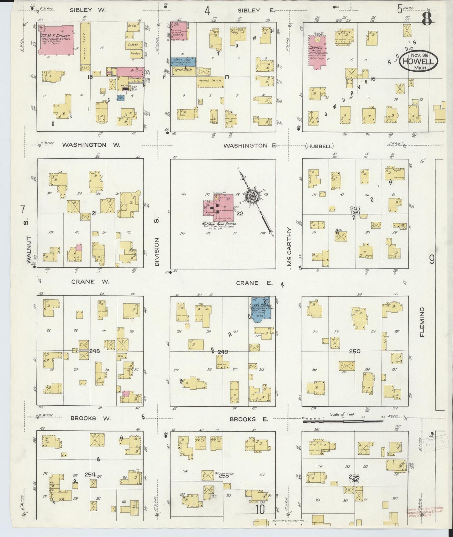 Sanborn Fire Insurance Map from Howell, Livingston County, Michigan (1916), Sheet #0008 - Complete Map Set gallery image, historic Sanborn map, vintage wall art, Michigan Michigan