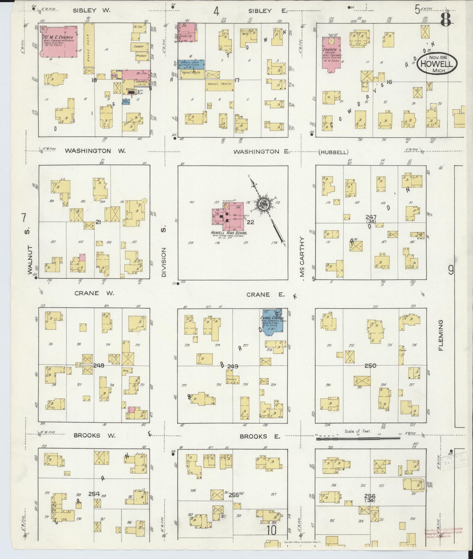 Sanborn Fire Insurance Map from Howell, Livingston County, Michigan (1916), Sheet #0008 - Complete Map Set gallery image, historic Sanborn map, vintage wall art, Michigan Michigan