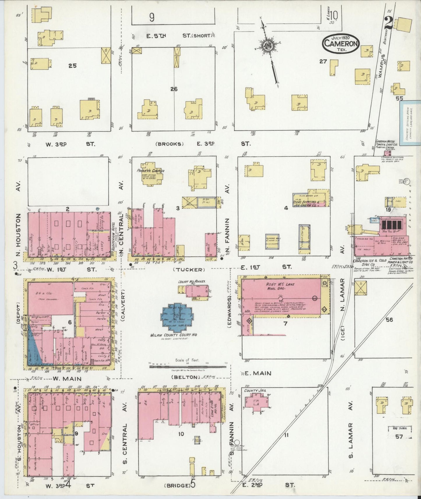 Sanborn Fire Insurance Map from Cameron, Milam County, Texas (1920), Sheet #0002 - Historic Sanborn Fire Insurance Map Print, vintage old map wall art, antique decor, genealogy gift, Texas Texas map