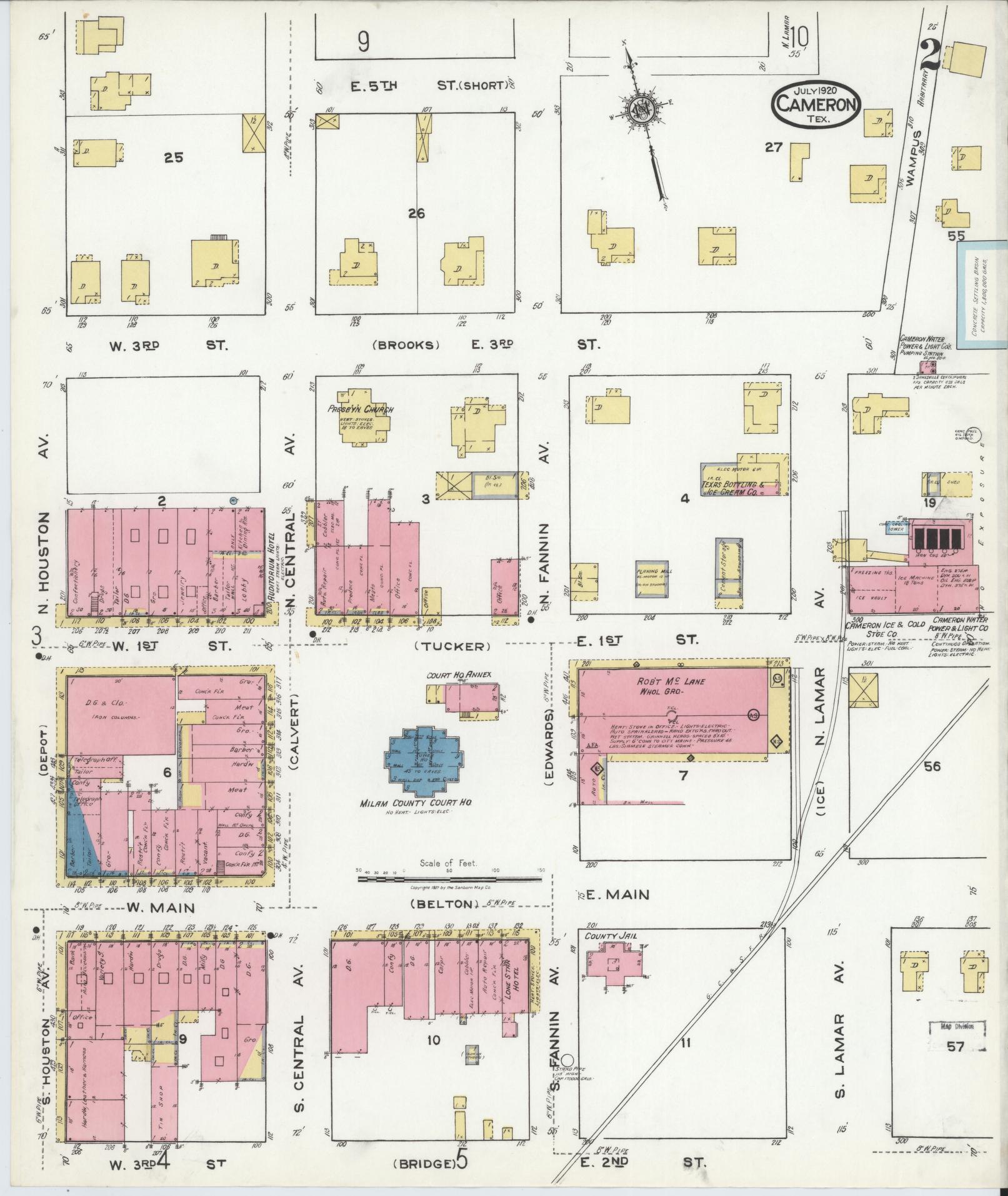 Sanborn Fire Insurance Map from Cameron, Milam County, Texas (1920), Sheet #0002 - Historic Sanborn Fire Insurance Map Print, vintage old map wall art, antique decor, genealogy gift, Texas Texas map