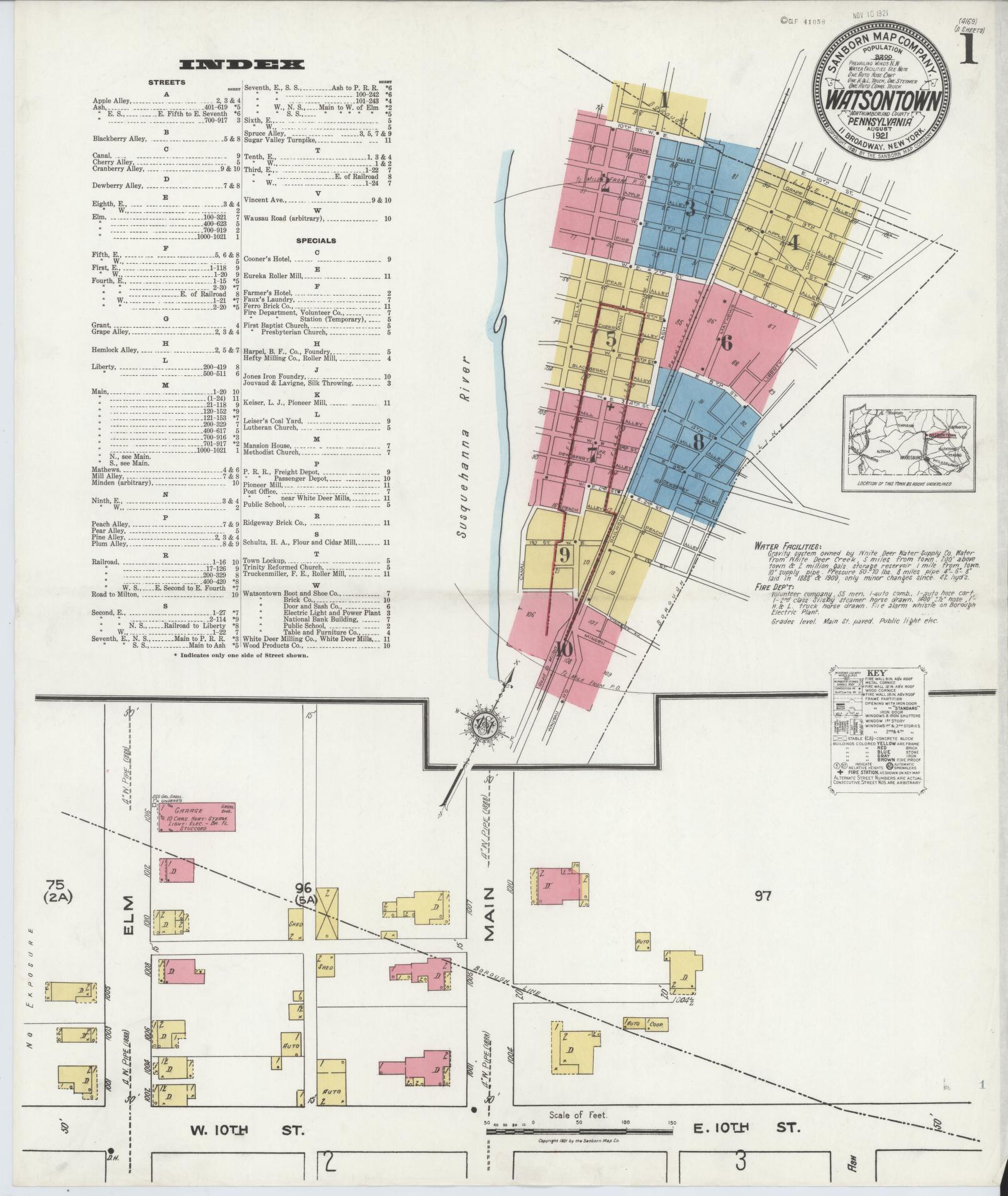 Sanborn Fire Insurance Map from Watsontown, Northumberland County, Pennsylvania (1921), Sheet #0001 - Complete Map Set gallery image, historic Sanborn map, vintage wall art, Pennsylvania Pennsylvania