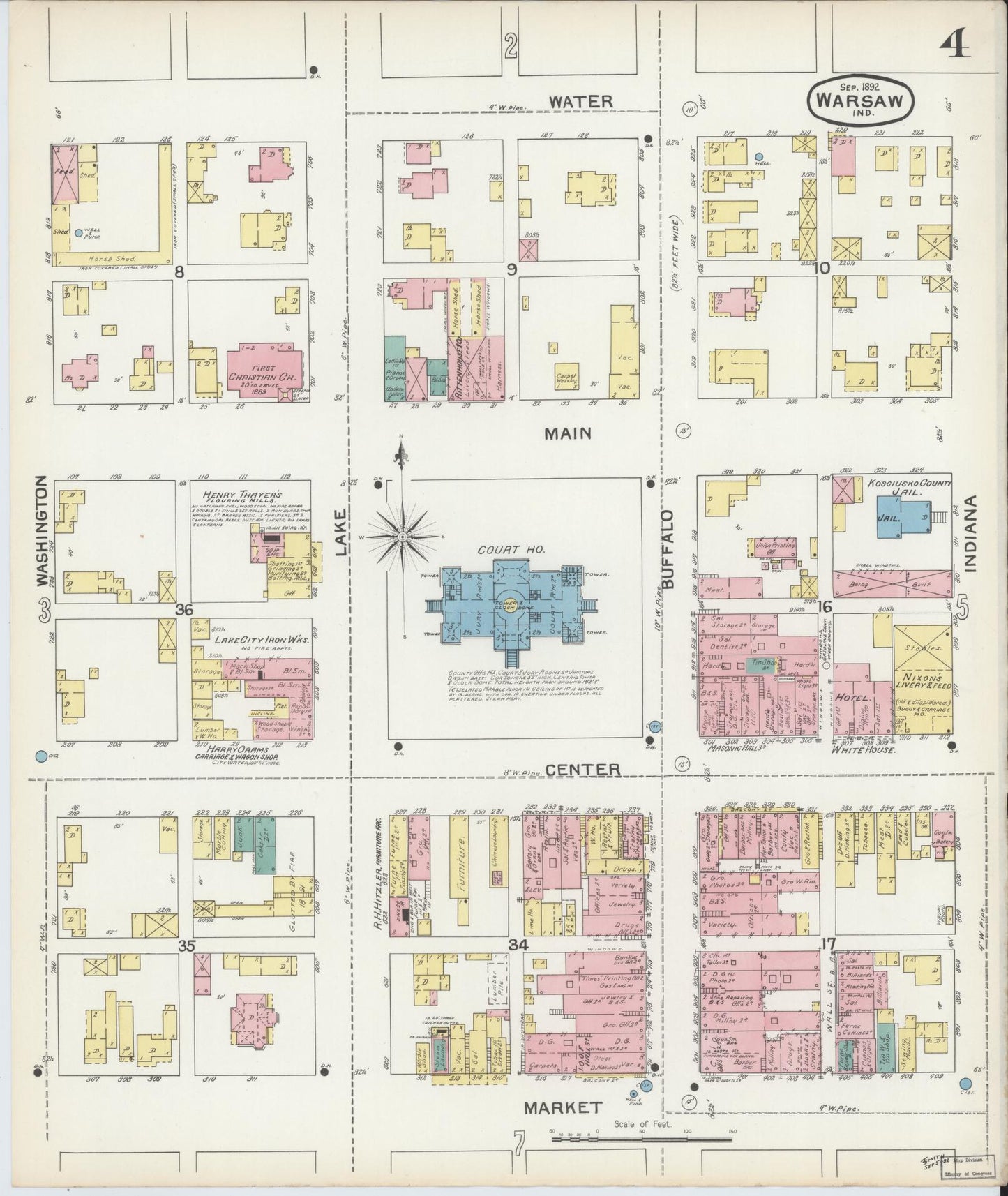 Sanborn Fire Insurance Map from Warsaw, Kosciusko County, Indiana (1892), Sheet #0004 - Complete Map Set gallery image, historic Sanborn map, vintage wall art, Indiana Indiana