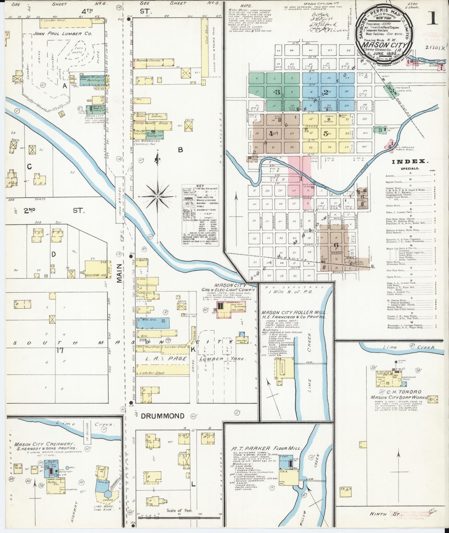 Sanborn Fire Insurance Map from Mason City, Cerro Gordo County, Iowa (1892), Sheet #0001 - Historic Sanborn Fire Insurance Map Print