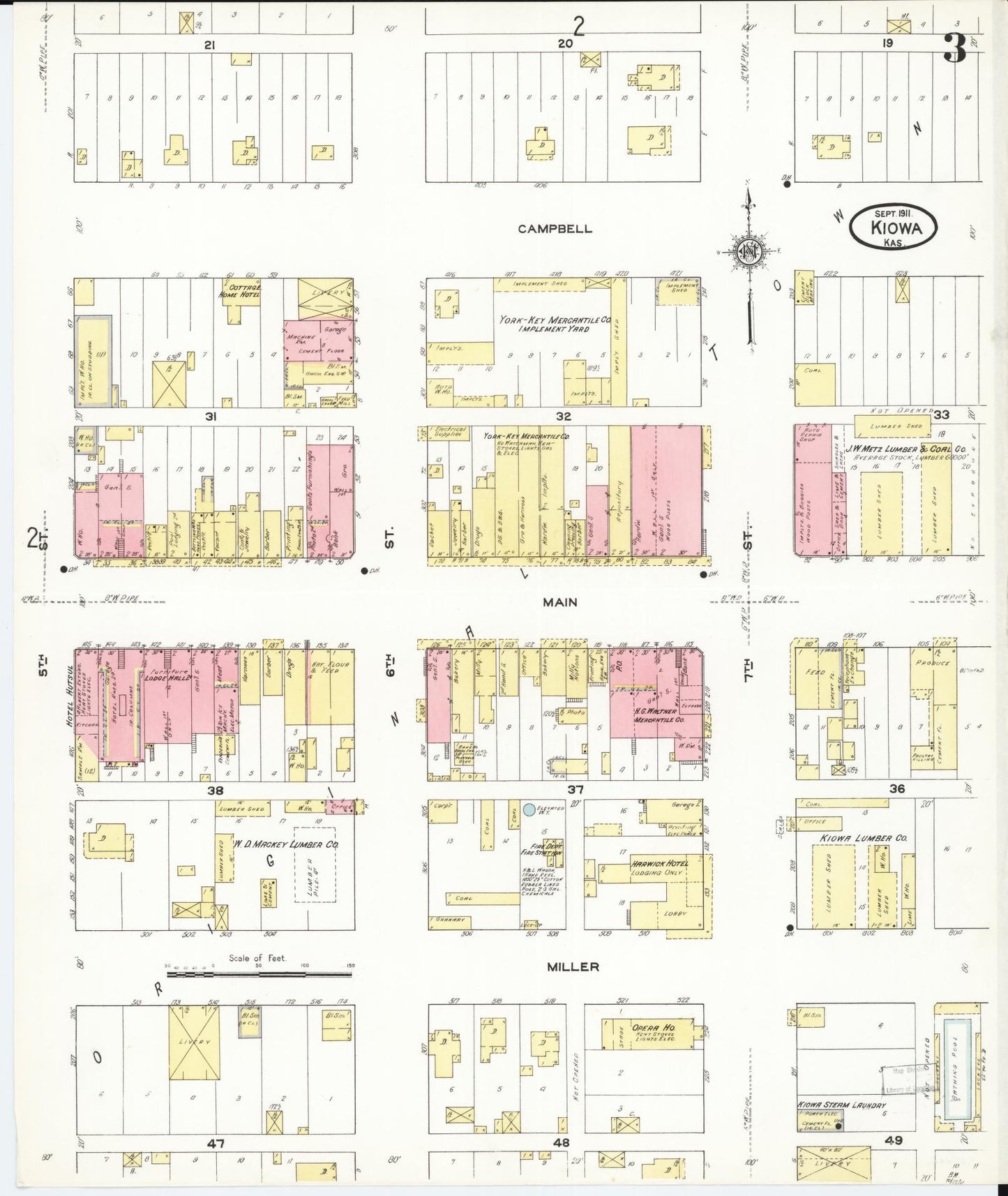 Sanborn Fire Insurance Map from Kiowa, Barber County, Kansas (1911), Sheet #0003 - Complete Map Set gallery image, historic Sanborn map, vintage wall art, Kansas Kansas