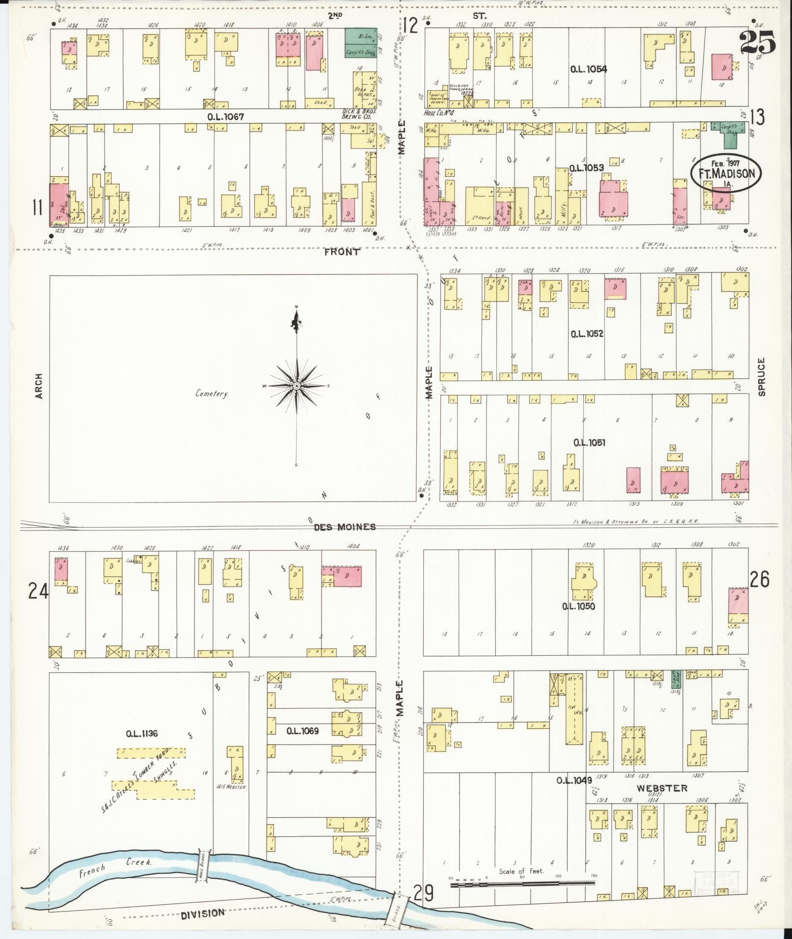 Sanborn Fire Insurance Map from Fort Madison, Lee County, Iowa (1907), Sheet #0025 - Historic Sanborn Fire Insurance Map Print, vintage old map wall art