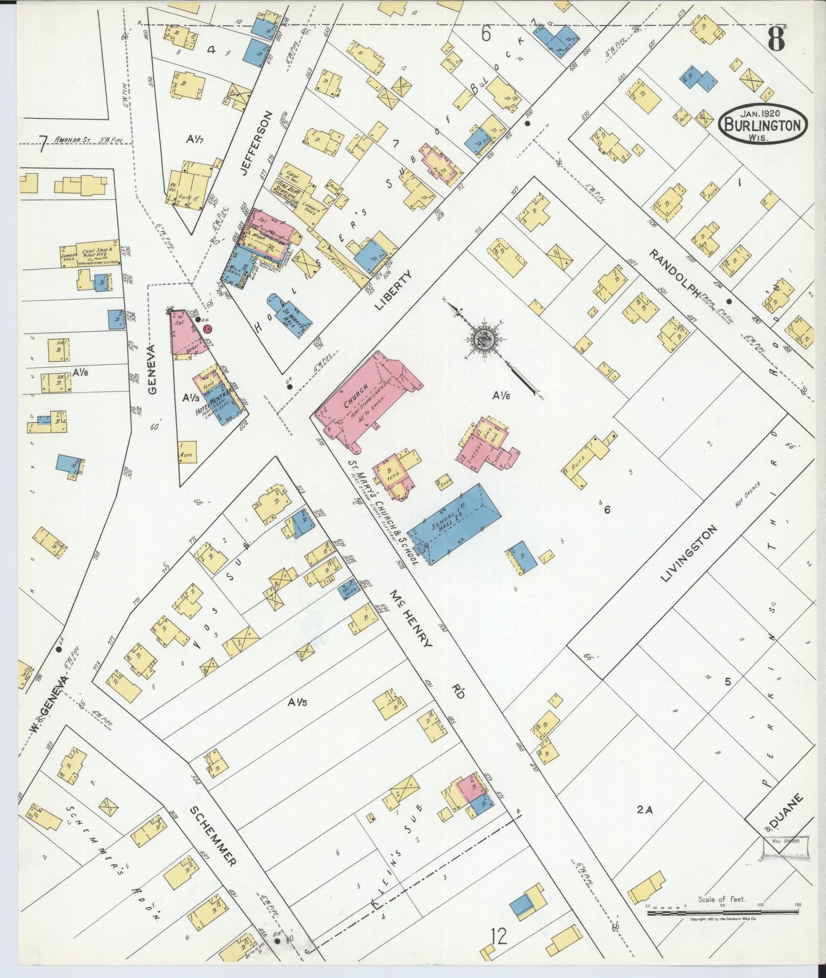Sanborn Fire Insurance Map from Burlington, Racine County, Wisconsin (1920), Sheet #0008 - Complete Map Set gallery image, historic Sanborn map, vintage wall art, Wisconsin Wisconsin